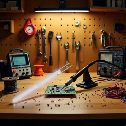 Electric soldering iron on a stand with adjustable temperature, over a green PCB on a workbench.