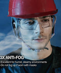 Worker wearing OTG Safety Glasses All Day Comfort For Over Prescription Glasses With Anti Fog And Scratch Resistant Lenses Z87.1 Certified UV Protection Adjustable Temples Side Shields Clear Lenses PPE For Men And Women Black And Blue, with a red hard hat in a steamy environment.
