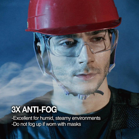 Worker wearing OTG Safety Glasses All Day Comfort For Over Prescription Glasses With Anti Fog And Scratch Resistant Lenses Z87.1 Certified UV Protection Adjustable Temples Side Shields Clear Lenses PPE For Men And Women Black And Blue, with a red hard hat in a steamy environment.