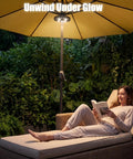 Woman reading under Cordless Patio Umbrella Light With 3 Brightness Modes, 28 LED Cool White Battery Powered No Fuss Clip On Lamp