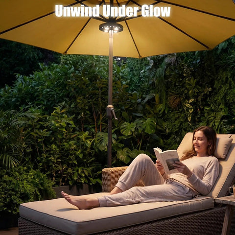 Woman reading under Cordless Patio Umbrella Light With 3 Brightness Modes, 28 LED Cool White Battery Powered No Fuss Clip On Lamp