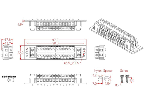 16 Amp 2x12 Position Screw Terminal Block Distribution Module For AC And DC Power Systems 48V Max Supports Extension Modules 7.5mm Pitch 26AWG To 12AWG Wire High Capacity Electrical Distribution Block drawing with dimensions and screw details