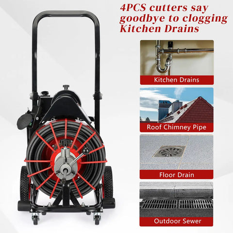 Heavy Duty 550W Drain Cleaning Machine with 100 Ft Steel Cable for Kitchen Drains, Roof, Floor, and Outdoor Sewer clearing.