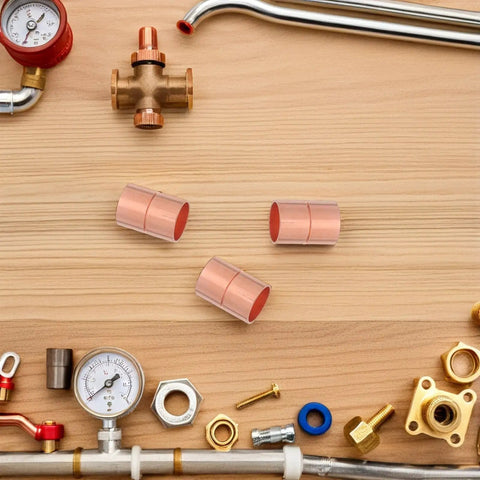 Premium Copper Coupling Fittings 0.59 Inch Straight Pipe Connectors on a wooden surface for HVAC and plumbing applications.