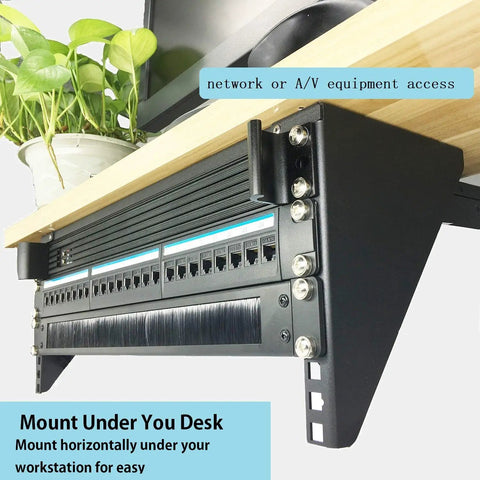 Rock Solid Heavy Duty 4U Vertical Wall Mount Rack Pack Of Two For 19 Inch Network Equipment And Patch Panels Built Tough With 125 Lb Staggering Load Rating Smooth Install shown mounted under a desk with patch panels.