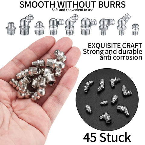 60 Piece Metric Grease Fittings Kit With Straight And Angled Zerk Fittings M6 M8 M10 in hand and laid out on table