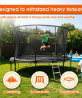 Child bouncing on trampoline secured with Beefy Heavy Duty Screw In Ground Anchors For Trampolines And Tents in backyard.
