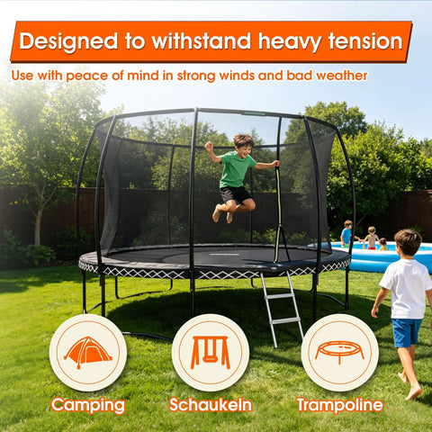 Child bouncing on trampoline secured with Beefy Heavy Duty Screw In Ground Anchors For Trampolines And Tents in backyard.
