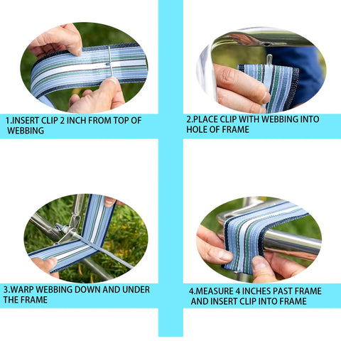 Step-by-step guide showing how to use 50 Pack Lawn Chair Webbing Clips Made From Metal Spring Alloy For Lounge Chairs And Patio Furniture Frame Repair Replacement And Sofa Upholstery Fixing Heavy Duty Durable Clips on webbing.