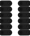 Black Stainless Steel Flat Brace Brackets Set For DIY Woodworking, 12 Predrilled Corner Plates with screws laid out in rows.