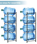 Heavy Duty Steel 5 Gallon Water Jug Rack Space Saving Water Bottle Holder Stand for Dispenser in two assembly options.
