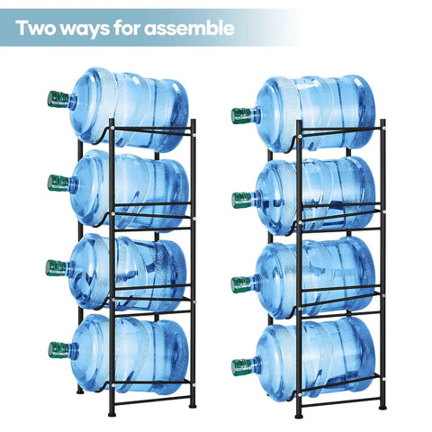 Heavy Duty Steel 5 Gallon Water Jug Rack Space Saving Water Bottle Holder Stand for Dispenser in two assembly options.