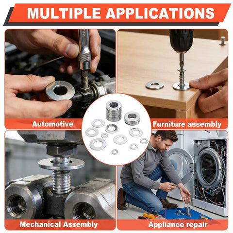 600 Piece Flat Washers Set For Screws And Bolts 304 Stainless Steel Assortment Kit With 7 Sizes for multiple applications shown