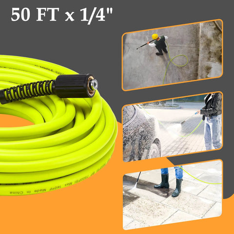 Beefed Up 50 Ft Pressure Washer Hose 1/4 Inch With Quick Connect Kit, High Pressure 3600 PSI shown coiled with fittings
