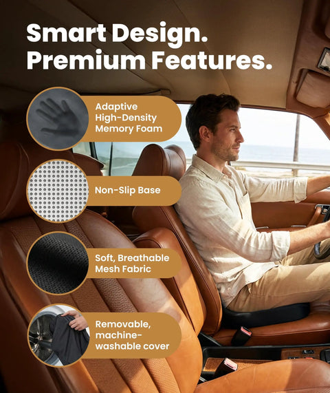 Memory Foam Seat Cushion For Office Chairs And Cars, Doctor Recommended Ergonomic Comfort For Tailbone Pain Relief And Sciatica, All Day Sit Comfort, Large, Black shown on car seat with features like memory foam, non-slip base, breathable fabric.