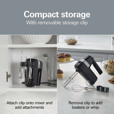 Slick Electric Hand Mixer Packing Six Speeds Plus A Dedicated Stir Button To Dodge Splatter While Whipping Up Thick Dough Or Fluffy Batter Plus Dual Beaters And Heavy Duty Hook Attachments in compact storage with removable clip.