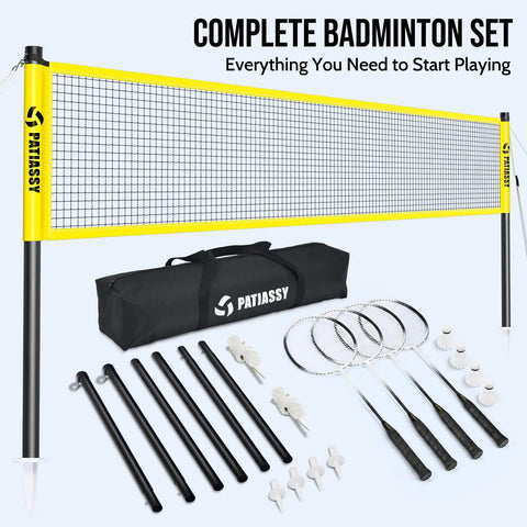 Backyard Badminton Set With Pro Grade Net, 4 Rackets, Shuttlecocks And Carrying Bag In Yellow For Durable Outdoor Play
