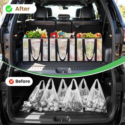Four Pack Reusable Grocery Bags with heavy duty handles water resistant and foldable 33L capacity stands upright holds 50 lbs in car trunk