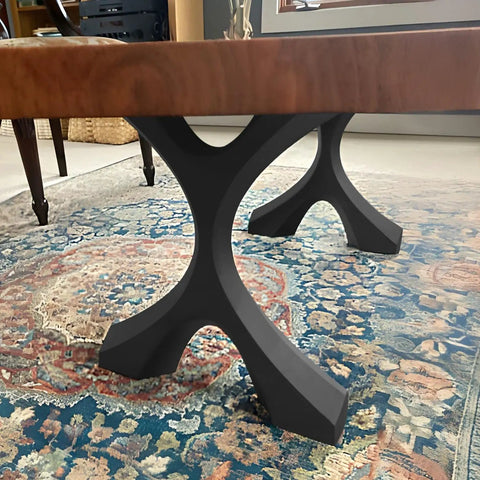 Industrial Coffee Table Legs Set Of 2, 16.1 Inches High, Heavy Duty Support For Sofa Tables, Minimalist Rustic Farmhouse Vibe With Natural Curves, Built To Last under a wooden table, on a decorative rug.