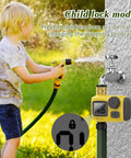 Child using hose with Outdoor Sprinkler Timer For Garden Irrigation With Rain Delay And Manual Watering, attached to tap.