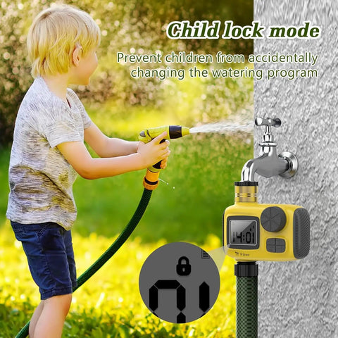 Child using hose with Outdoor Sprinkler Timer For Garden Irrigation With Rain Delay And Manual Watering, attached to tap.