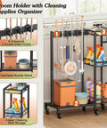 Three In One Broom Holder With Cleaning Supplies Organizer For Small Spaces Vacuum Stand And Mop Hang Broom Closet Storage Cabinet