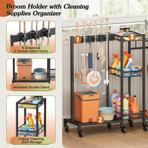 Three In One Broom Holder With Cleaning Supplies Organizer For Small Spaces Vacuum Stand And Mop Hang Broom Closet Storage Cabinet