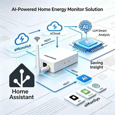 AI Powered Smart Energy Monitor Home Circuit Tracker Real Time Electric Usage Meter with eMonoHub design and smart connectivity features.
