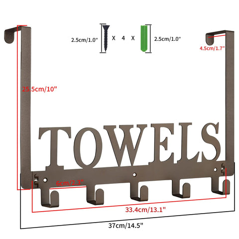 Over The Door Towel Hooks And Wall Mount Rack Heavy Duty Robe Hangers For Bathroom Organizer with TOWELS sign and dimensions