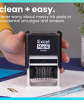 Hella Durable Self Inking Rubber Number Stamp Featuring Adjustable Six Digit Bands With Rich Black Ink in use for office tasks.