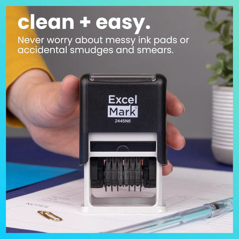 Hella Durable Self Inking Rubber Number Stamp Featuring Adjustable Six Digit Bands With Rich Black Ink in use for office tasks.