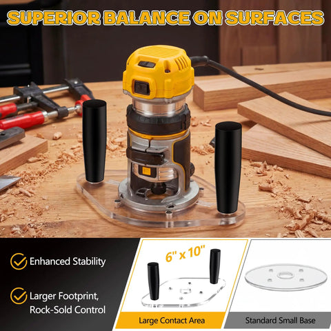 Premium Dual Handle Router Base Plate Compatible With DeWalt DWP611 And DCW600B Compact Routers, 6x10 inch with black handles.