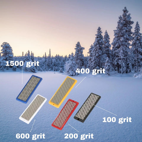 Moonflex Diamond Stones 70 mm Full Set Of Five For Ski And Snowboard Edge Tuning Pro Grade in snow with grit labels