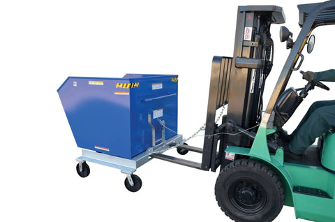 Built Tough Steel Tilting Hopper Forklift Skips Debris And Trash Two Thousand Pound Load Capacity One Point Five Cubic Yards attached to a forklift.
