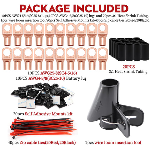 Package contents of 4 Gauge Copper Clad Aluminum Automotive Wire Kit 50 Feet Total With 25 Feet Red And 25 Feet Black Half Inch Wire Loom