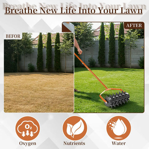 Before and after using Beast Heavy Duty 18 Inch Manual Lawn Aerator Roller With 49 Inch Adjustable Handle Spike Aerator.