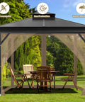 Outdoor setup with 10x10 gazebo mosquito netting replacement with 4 panel screen walls and zipper, brown polyester, on patio.