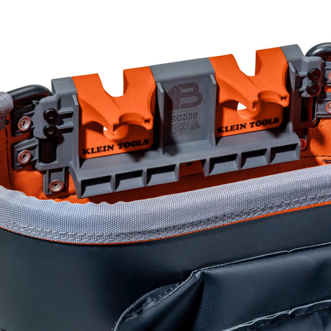20 Inch Deep Oval Bucket Work Center With S Hook Compatibility, heavy duty tool organizer close-up, Velcro enclosure view