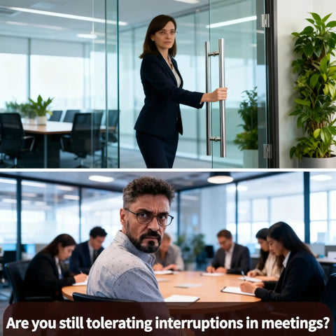 Businesswoman using double sided meeting in progress door sign for office doors 9.8 inch round wood conference room decor do not disturb