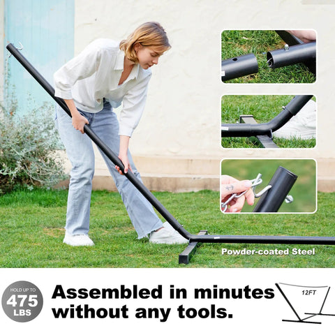 Person assembling Two Person Outdoor Hammock With Heavy Duty Steel Stand 55 Inch Double Hammock Large Removable Pillow Storage Pockets Easy Setup 475 Lbs Capacity For A Chill Backyard Hangout Haze Gray