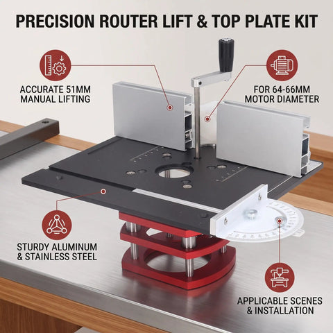 Tough As Nails Manual Lift Router Table Base Plate With Dead On Precision Height Adjustments Engineered From Solid Aluminum Alloy for exact 51mm lift range.