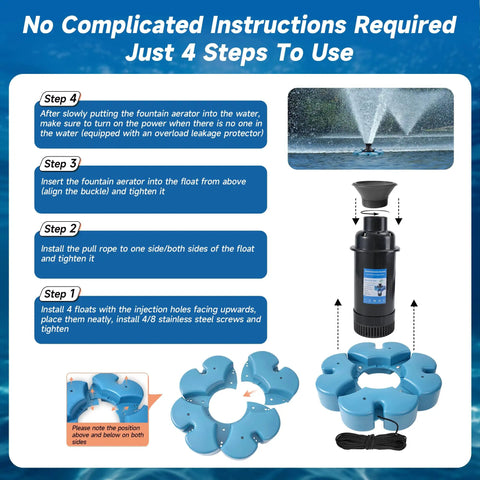 Installation steps for Beast Floating Pond Fountain Aerator 1HP 110V Pump Delivers 15000 GPH with image of aerator components.