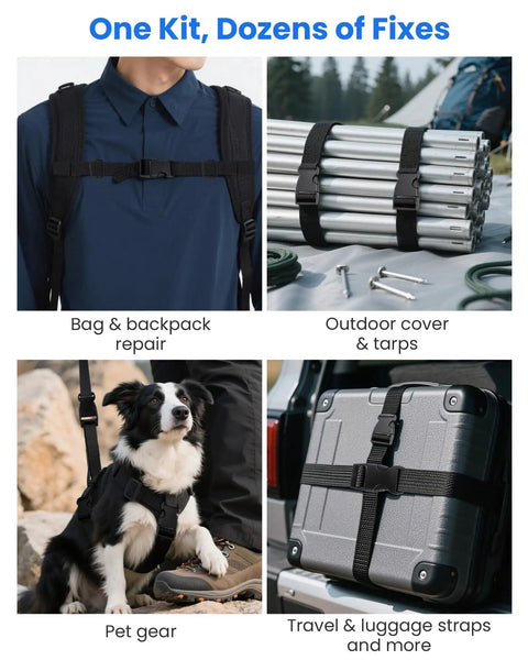 Four uses of Beefed Up Heavy Duty 1 Inch Polyester Webbing Kit, showing applications on backpacks, tarps, dog harnesses, and luggage.