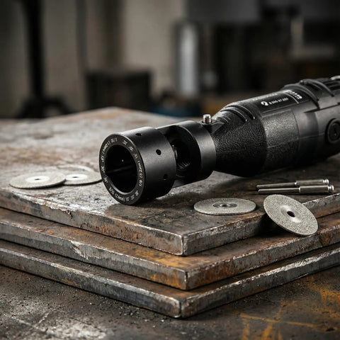 Pro Grade Tungsten Sharpener Grinder Head For TIG Welding Rotary Tool Aluminum Multi Angle Sharpener With Slot Precision Tungsten Grinder Head With Five Diamond Wheels 25mm on a workbench with accompanying tools.
