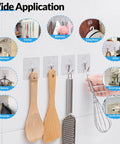 Heavy Duty Adhesive Wall Hooks 12 Pack Clear Rust Resistant Stainless Steel Sticky Hangers With Beefy Load Capacity on wall holding kitchen utensils.