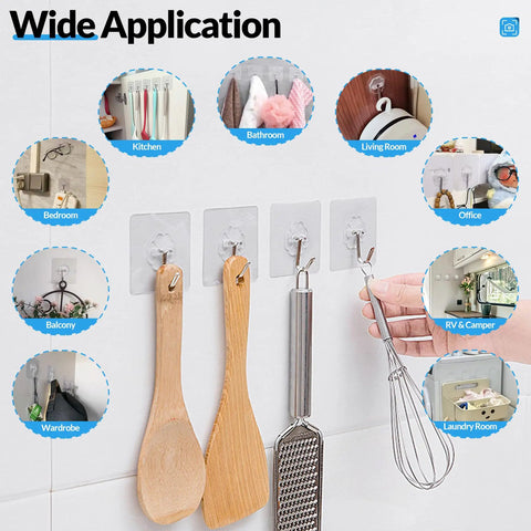 Heavy Duty Adhesive Wall Hooks 12 Pack Clear Rust Resistant Stainless Steel Sticky Hangers With Beefy Load Capacity on wall holding kitchen utensils.