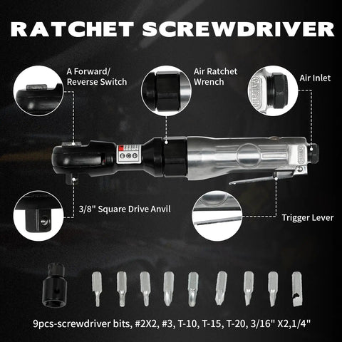 Knuckle Buster 71 Piece Pneumatic Air Tool Kit Featuring 1/2 Inch Impact Wrench 150Mm Air Hammer And Quick Action Die Grinder With Full Socket Set For Guys ratchet screwdriver with 3/8 inch square drive anvil and included screwdriver bits