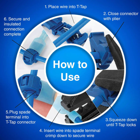 Instructional diagram showing use of 360 Piece T Tap Wire Connectors Kit For AWG 22 To 10 Color Coded Quick Splice Terminals Self Stripping Tap Disconnects Kit For Wiring Projects That Rock For Vehicle Installations