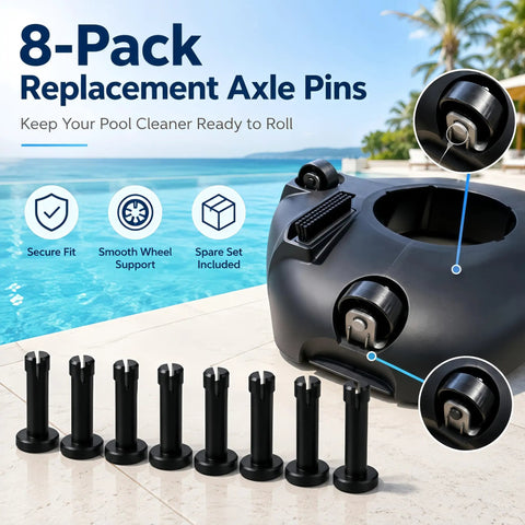 8-Pack Replacement Axle Pins And Wheel Retainers For Aiper Seagull SE Robotic Pool Cleaner, black pins lined up with cleaner.