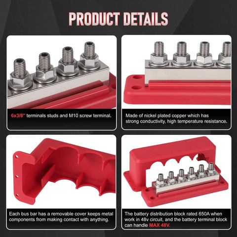 Two Pack 600 Amp Bus Bar Power Distribution Block for 12 to 48 Volt Systems Marine Boat RV and Automotive Use with Waterproof Cover Quick Mount Six M10 Studs Red and Black Terminal Block